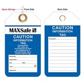 CAUTION INFORMATION TAGS BLUE  PACK OF 100  TEAR PROOF WITH EYELET AND STRING