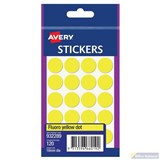 AVERY 932289 MULTIPURPOSE STICKERS CIRCLE 18MM FLURO YELLOW PACK 120
